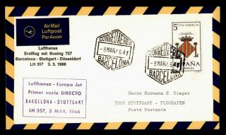 Dr Who 1966 Spain Bercelona To Stuttgart Lufthansa First Flight Air Mail C123465