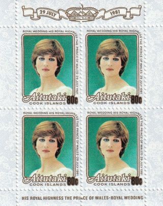 (27678) Aitutaki Mnh Princess Diana Prince Charles Wedding Minisht 1981 U/m