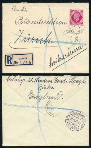 Kgvi 1947 8d On Registered Cover To Switzerland