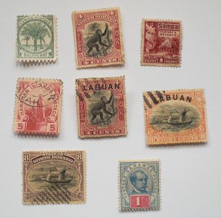 Eight Pacific Island Stamps,  Hawaii,  Samoa,  N.  Borneo,  Sarawak & Labuan