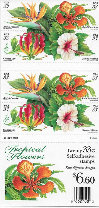Scott 3313b Us Booklet Tropical Flowers 20 X 33 Cent Nh