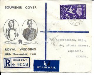Gb 1947 Royal Wedding Cover To Cyprus Slightly Smudged