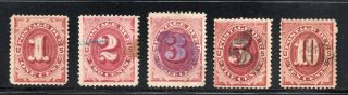 Scott J22 - J26 1 - 10c Bright Claret Postage Dues (5),  1891 Issues