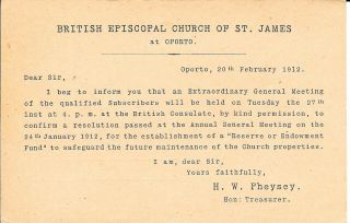 PORTUGAL 1912 1c POSTAL STATIONERY LOCALLY BRITISH EPISCOPAL CHURCH 2