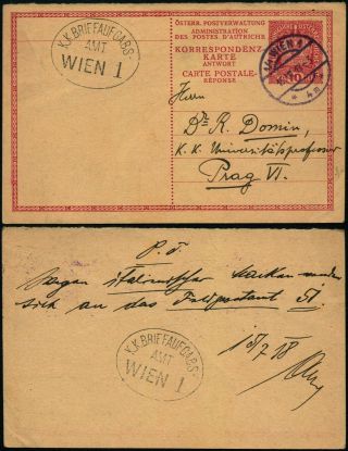 A824 Austria Czechoslovakia Fieldpost Postcard Wien Prag 1918