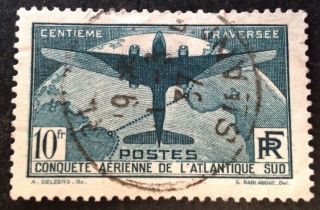 France 1936 10 Franc Green Air Stamp Vfu
