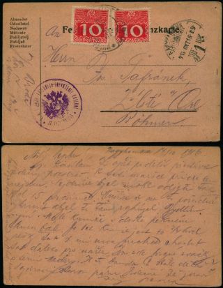 A722 Austria Czechoslovakia Taxed Censored Fieldpost Postcard Hungary Fpo1 - 1916