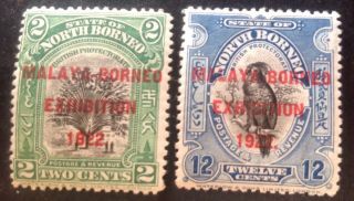 North Borneo 1922 2 X Stamps With Malaya Borneo Exhibition Hinged