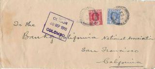 Uncommon 1915 Wwi Ceylon Opened Censor Cover Front Only With Perfin Stamps 55