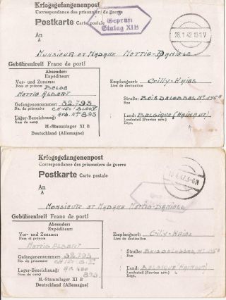 Belgium (, Germany) - W W Ii (1942) - 2 P.  O.  W.  Cards Back Home To Hainaut (scarce)