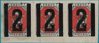 , 1887 Essen Nrw Germany 2pf On 5pf Postman On Insect Private Post Imperf.  Strip