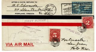 1929 First Flight Fam 6 Miami To Puerto Rico W/ 7c Postage Due Franking