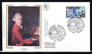 Andorra,  Fr,  Scott Cat.  409.  Composer Mozart Issue.  Silk Cachet First Day Cover.