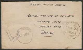 Indian Army Fpo No 94 March 1945 Unstamped Cover Mytiche,  Burma To India