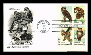 Dr Jim Stamps Us American Owls Symbols Of Wisdom Fdc Cover Plate Block