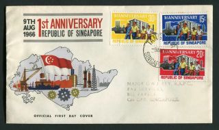 Singapore 1966 Ist Anniversary Of Republic First Day Cover Map Flag Industry