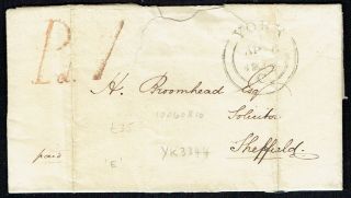 1842 El York To Sheffield With Reddish Pd.  1 Hand Stamp