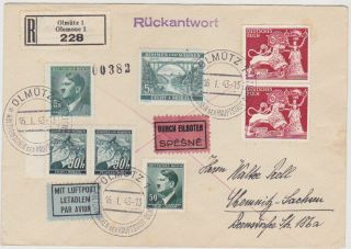 Germany Dr 1943 Reg.  Airmail Express Cover OlmÜtz Mixed Franking To Chemnitz