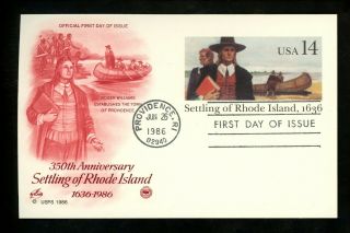 Us Fdc Ux112 Pcs 1986 Providence Ri Settling Of Rhode Island Postal Card