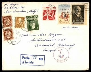 Us Norway Mixed Franking 1962 Postage Due Cover To Arendal