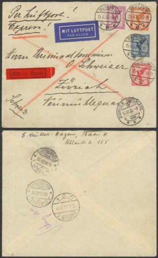 Germany 1933 - Air Mail Cover Berlin To Zurich Switzerland 34828/6