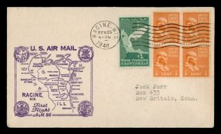 Dr Who 1948 Racine Wi First Flight Cam 86 Air Mail Prexie Block C117879