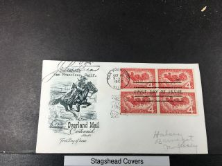 Us Fdc 1958 Artmaster Cachet Overland Mail Centennial Postmaster Signed Ca Block