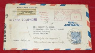 Us Brazil Mixed Franking Meter Returned To Sender Censored 1941 Wwii Cover To St
