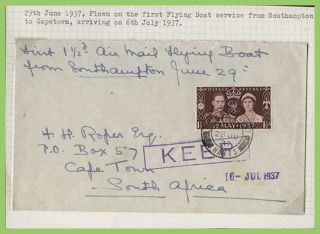 G.  B.  1937 First 1½d Air Mail Flying Boat From Southampton To Cape Town Cover