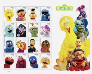 Sesame Street Stamps,  Usps Pane Of 16 Elmo,  Big Bird,  Ernie,  The Count Character