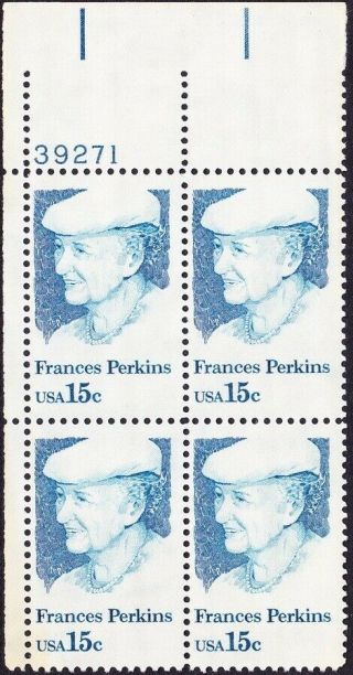 Us - 1980 - 15 Cents Prussian Blue Frances Perkins Issue 1821 Plate Block Nh