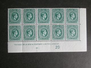 1938 Jamaica 1/2d Never Hinged Block Of 10 With Printers Mark