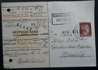 Rare 1943 Germany Consignment Card Ties 3 Pfg Stamp Canc Essen To Hamburg