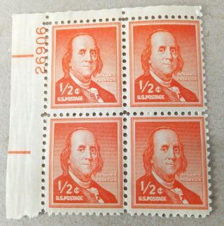Plate Block Of (4) 1955 Benjamin Franklin 1/2 Cent Postage Stamps Sc 1030