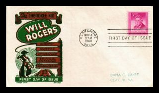 Dr Jim Stamps Us Cherokee Kid Will Rogers First Day Cover Scott 975 Cachet Craft