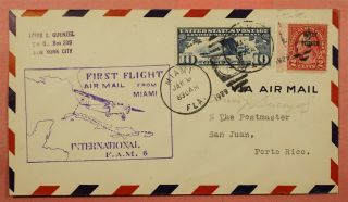 C10 On 1929 First Flight Fam F6 - 1 Miami Fl To San Juan Puerto Rico