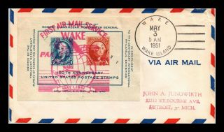 Dr Jim Stamps Us Wake Island First Flight Air Mail Cover Guam Backstamp