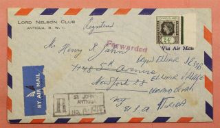 1954 Leeward Islands 24c St Johns Antigua Registered Airmail To Usa Forwarded