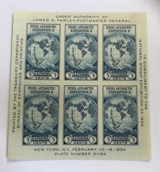 1934 3c Byrd Antarctic Expedition - 6 In Sheet Mnh Plate Number 21184