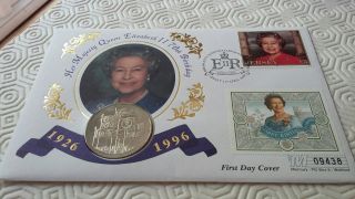 Jersey Fdc 1996 Coin/medal £5 Stamp - 70th Birthday Qeii.  (d72)