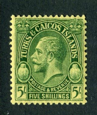 Turks & Caicos Islands 1928 Kgv.  Postage & Revenue.  5s Green/yellow.  Mlh.  Sg 185