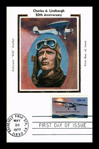 Dr Jim Stamps Us 50th Anniversary Lindbergh Flight Fdc Colorano Silk Postcard