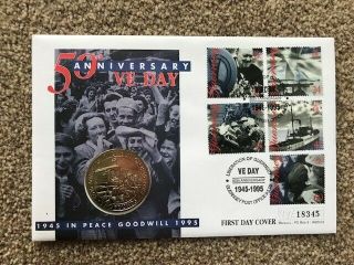 1995 First Day Cover Stamps With £2 Coin Ve Day Guernsey