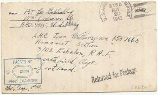 1943 Cardiff Wales Us Army Postal Service Apo/censor Env " Returned For Postage "