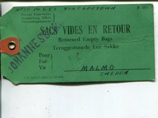 South Africa Mail Bag Tag For Returned Empty Bags To Malmö,  Sweden 1953
