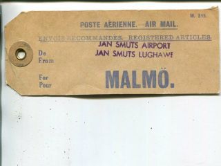 South Africa Mail Bag Tag For Air Reg Items To Malmö,  Sweden,  Ca 1955