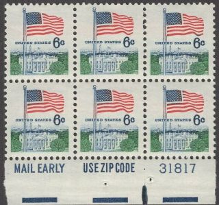Scott 1338 - Us Zip,  Plate Block Of 6 - Flag & White House - Mnh - 1968