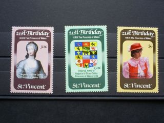 St Vincent Stamps Princess Of Wales 21st Birthday Set Of 3 Over Print Specimen.