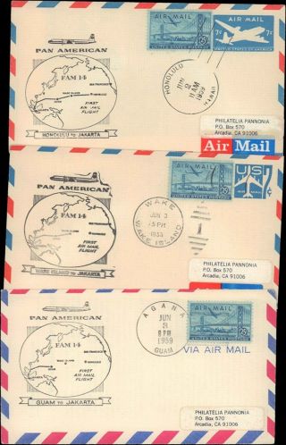 1959 Hawaii,  Wake Island,  Guam Pan American First Flight Covers 3