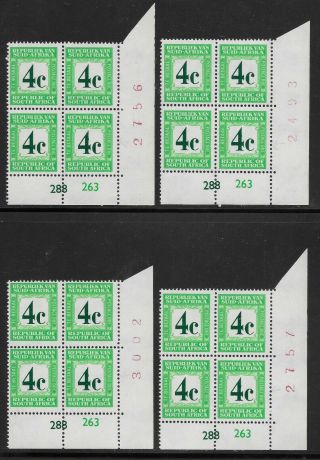 South Africa 1961 4c Postage Dues Cylinder Blocks X 4 Mnh Sg D54